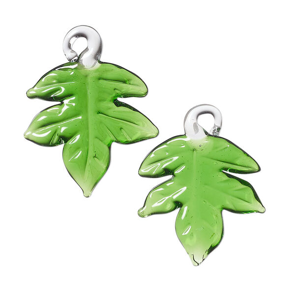 Drop, lampworked glass, transparent green, 25x24mm handmade single-sided maple leaf. Sold per pkg of 2. image number 0