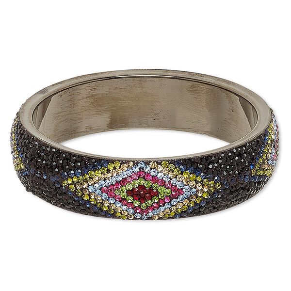 Bracelet, bangle, epoxy / Preciosa glass rhinestone / gunmetal-plated brass, multicolored, 20mm wide with diamond design, 8 inches. Sold individually. image number 0