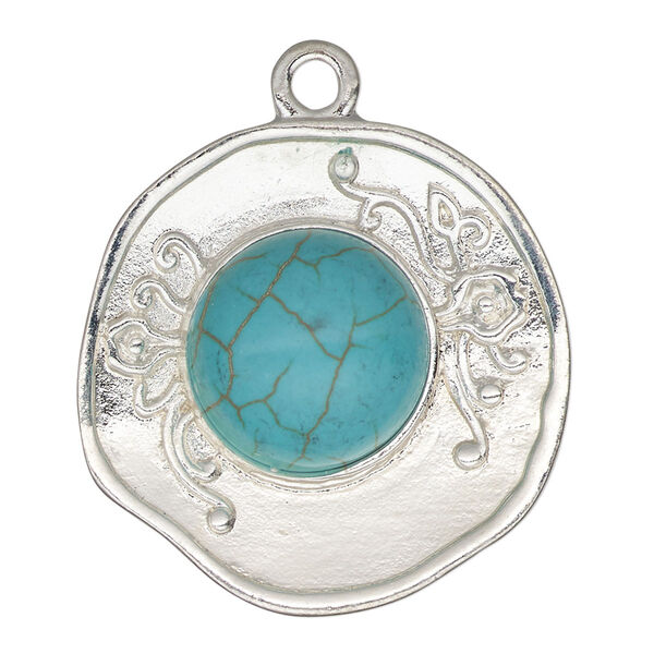 Focal, silver-finished "pewter" (zinc-based alloy) and "turquoise" (imitation) resin, turquoise blue, 33.5x33mm, single-sided roundish shape with flowers and steel jump ring. Sold per pkg of 2. image number 0