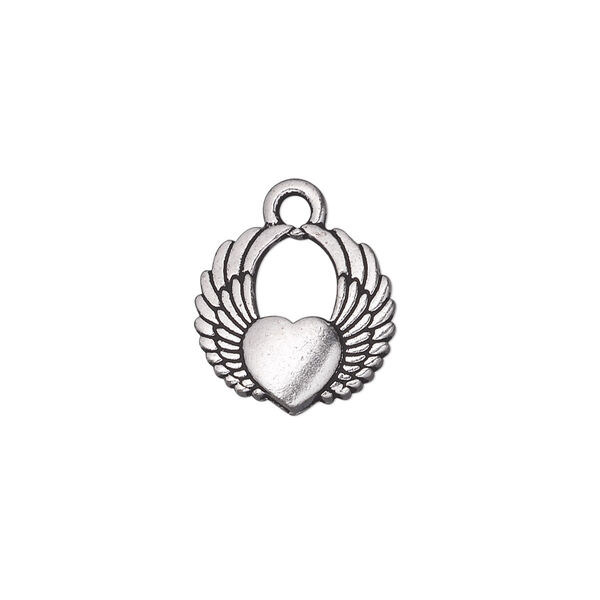 Charm, TierraCast®, antique silver-plated pewter (tin-based alloy), 15x14mm double-sided winged heart. Sold per pkg of 2. image number 0