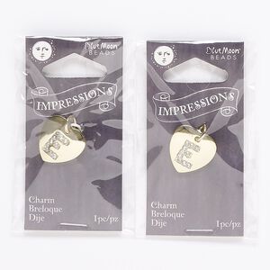 Charm, gold-finished "pewter" (zinc-based alloy) / steel / acrylic rhinestone, clear, 15.5mm single-sided puffed heart with letter "E." Sold per pkg of 2.