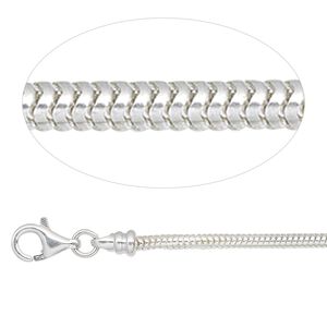 Chain, sterling silver, 2mm snake, 8-1/2 inches with lobster claw clasp and (2) 4mm twist-off end caps. Sold individually.