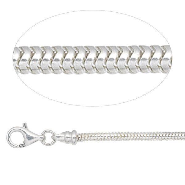Chain, sterling silver, 2mm snake, 8-1/2 inches with lobster claw clasp and (2) 4mm twist-off end caps. Sold individually. image number 0
