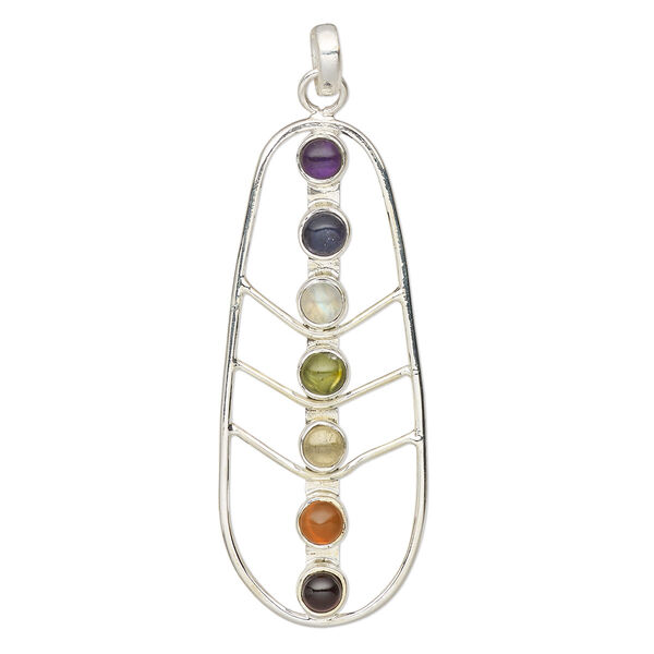 Pendant, multi-gemstone (natural / dyed / heated) and sterling silver, 47x20mm single-sided leaf. Sold individually. image number 0