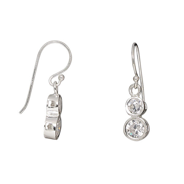Earring, sterling silver and cubic zirconia, clear, 23mm with 4mm and 5mm faceted round with fishhook ear wire. Sold per pair. image number 0
