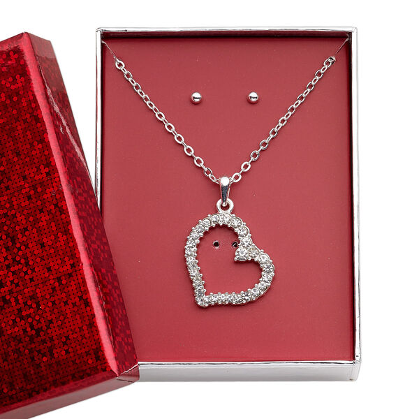 Necklace and earring set, glass rhinestone / silver-finished brass / steel / "pewter" (zinc-based alloy), clear, 24mm heart, 15" to 16" necklace with 3-inch extender chain and lobster claw clasp, 3mm round with post. Sold per set. image number 0