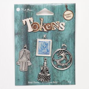 Drop and charm, antique silver-finished "pewter" (zinc-based alloy), clear / blue / white, 20x18mm-26x18mm assorted shape. Sold per pkg of 4.