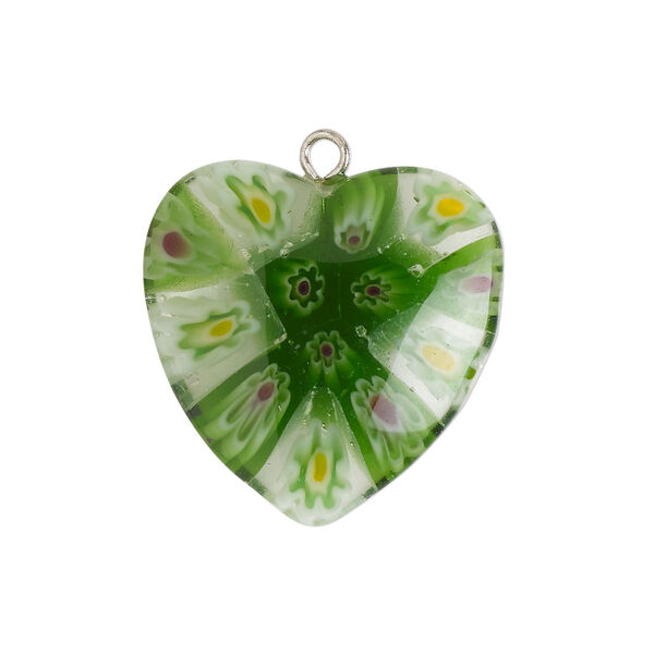 Component 1pkg1, silver-finished steel / millefiori glass, translucent / transparent multicolored, 24-25mm puffed heart. image number 0
