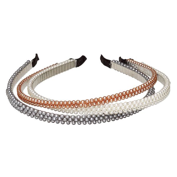 Headband, nylon / plastic pearl / polyethylene / imitation rhodium-plated steel, silver / white / copper, 7mm and 10mm wide, 15 inches. Sold per pkg of  3. image number 0