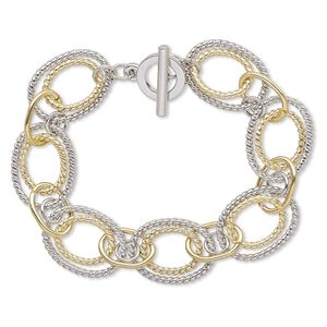 Bracelet, gold-finished / silver-plated brass / "pewter" (zinc-based alloy), 18mm wide with corrugated design, 6-1/2 inches with toggle clasp. Sold individually.