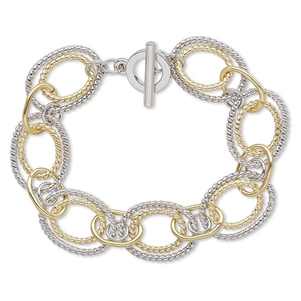 Bracelet, gold-finished / silver-plated brass / "pewter" (zinc-based alloy), 18mm wide with corrugated design, 6-1/2 inches with toggle clasp. Sold individually. image number 0