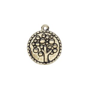 Drop, antique gold-finished "pewter" (zinc-based alloy), 18mm single-sided round with tree design. Sold per pkg of 4.