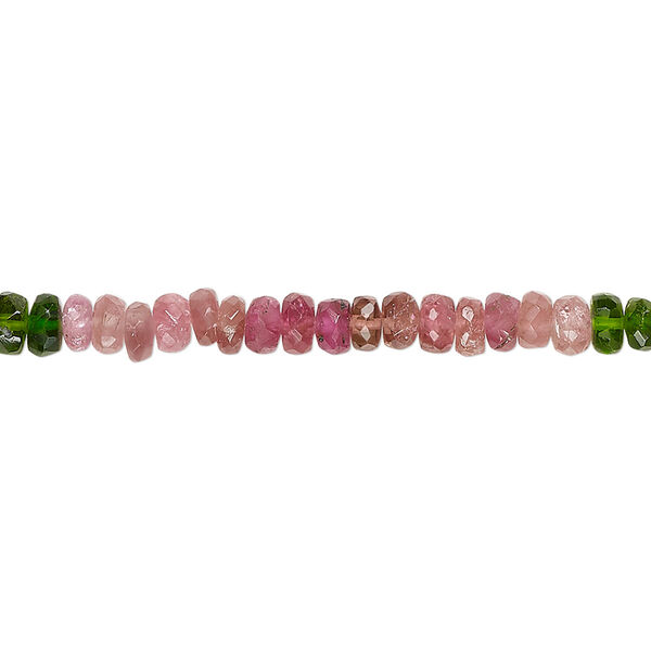 Bead, green tourmaline and pink tourmaline (natural), 4x1mm-5x3mm hand-cut graduated faceted rondelle, B+ grade, Mohs hardness 7 to 7-1/2. Sold per 15-1/2" to 16" strand. image number 0