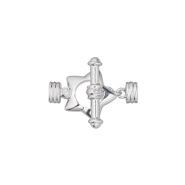 Clasp, multi-strand toggle, diamond (natural) and 14KtW white gold, 12x12mm star with faceted round and end caps. Sold individually. image number 0