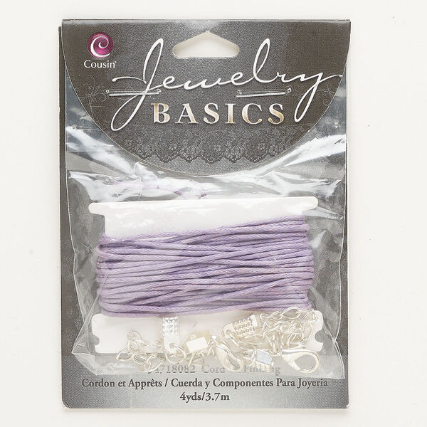 Cord assortment, silver-finished steel and waxed cotton, purple, 4 yards of 1mm round cord with (2) 9x6mm lobster claw clasp and (1) 5mm fold-over crimp. Sold per pkg of 3. image number 0