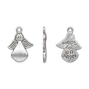 Charm, antique silver-plated "pewter" (zinc-based alloy), 14x12mm two-sided angel with "Made for an Angel." Sold per pkg of 20.