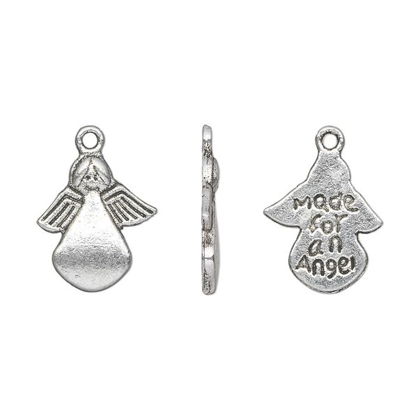 Charm, antique silver-plated "pewter" (zinc-based alloy), 14x12mm two-sided angel with "Made for an Angel." Sold per pkg of 20. image number 0