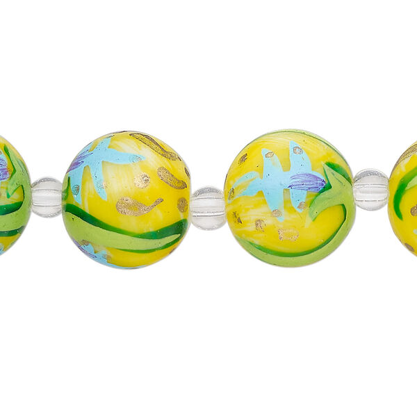 Bead, glass 1pkg8, multicolored, 14mm round with hand-painted leaf and flower. image number 0