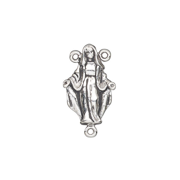 Connector, antiqued sterling silver, 20x13mm single-sided rosary with Mary. Sold individually. image number 0