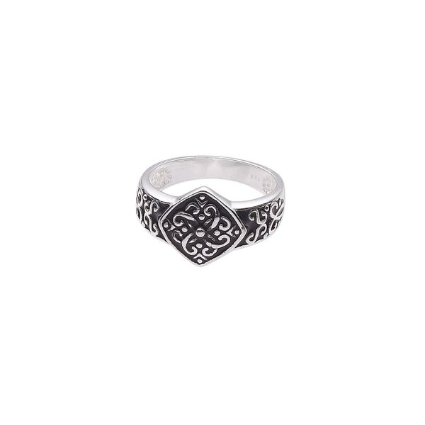 Ring, sterling silver and enamel, black, 12mm diamond and swirls design, size 7. Sold individually. image number 0