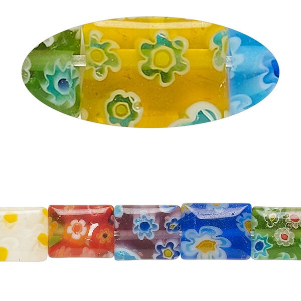 Bead, millefiori glass, translucent mixed multicolors, 9x7mm-10x8mm puffed rectangle. Sold per 14-inch strand, approximately 40 beads. image number 0