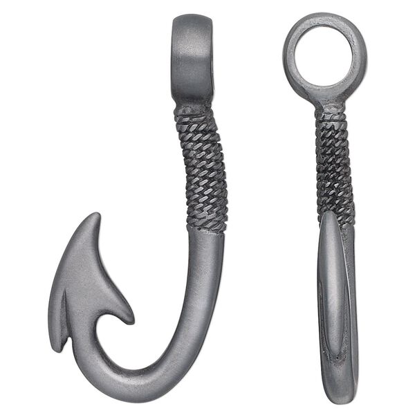 Pendant, Almost Jewelry™, "pewter" (zinc-based alloy), 44x18mm hook with rope design. Sold individually. image number 0