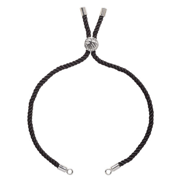 Bracelet component, nylon and imitation rhodium-finished "pewter" (zinc-based alloy), black, 3mm wide, 8-3/4 inches with 9mm flat round adjustable slider bead with tree of life design and 2 open loops. Sold individually. image number 0