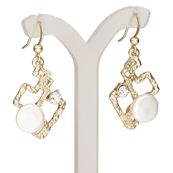 Earring, resin / glass rhinestone / gold-finished brass / "pewter" (zinc-based alloy), clear and white, 1-3/4 inches with matte freeform and fishhook ear wire. Sold per pair. image number 0