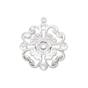 Drop, silver-plated brass, 23mm fancy flower with 6mm round setting and (4) PP24 chaton settings. Sold per pkg of 10.