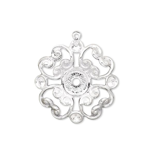 Drop, silver-plated brass, 23mm fancy flower with 6mm round setting and (4) PP24 chaton settings. Sold per pkg of 10. image number 0