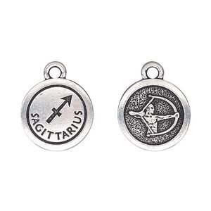 Charm, TierraCast®, antique silver-plated pewter (tin-based alloy), 15mm two-sided flat round with Sagittarius zodiac sign and symbol. Sold per pkg of 20.