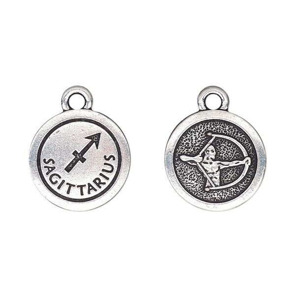 Charm, TierraCast®, antique silver-plated pewter (tin-based alloy), 15mm two-sided flat round with Sagittarius zodiac sign and symbol. Sold per pkg of 20. image number 0