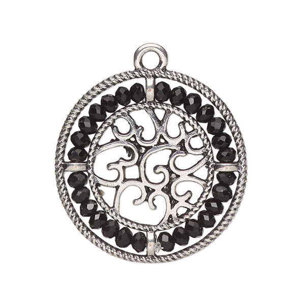 Drop, glass and antique silver-finished "pewter" (zinc-based alloy), black, 28mm round with hearts and beaded border. Sold per pkg of 2. image number 0