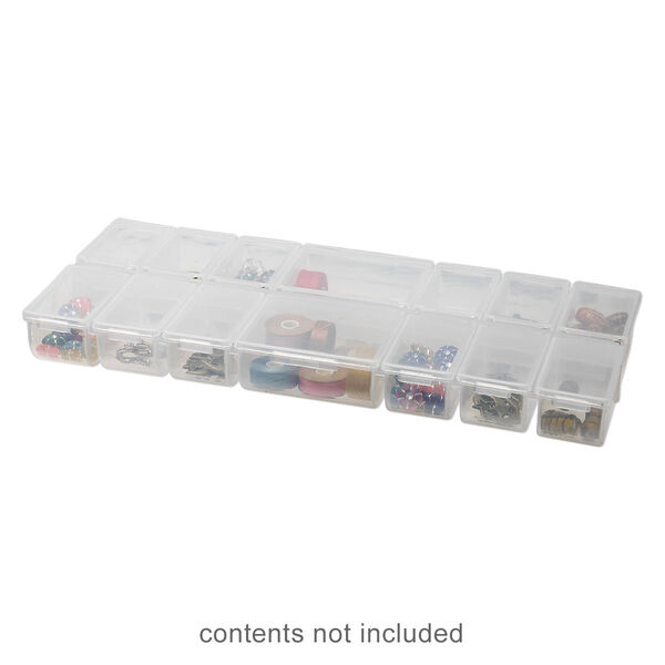 Organizer, plastic, clear, 9-1/2 x 1 x 4-1/4 inch rectangle with 14 fixed compartments with individual snap lids. Sold individually. image number 0