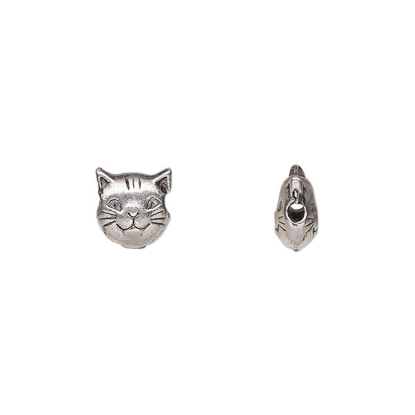 Bead, pewter (tin-based alloy), pkg/1, antiqued, 8mm cat face. image number 0