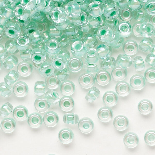 Seed bead, Miyuki, glass, pkg/250g, #6 rocaille, translucent mint pearl-lined glacier blue, (RR-3806). image number 0