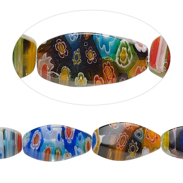 Bead, millefiori glass, opaque to transparent multicolored, 16x8mm 4-sided twisted oval with 0.6-0.8mm hole. Sold per 14-inch strand. image number 0