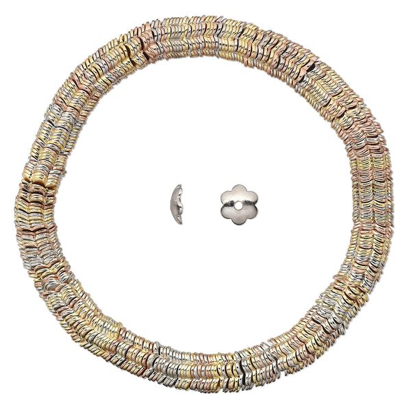 Bead cap, gold- / silver- / copper-plated steel, 6x2mm flower, fits 6-8mm bead. Sold per 6-1/2 inch strand, approximately 300 bead caps. image number 0