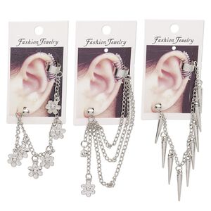 Earring mix, glass rhinestone / imitation rhodium-coated plastic / imitation rhodium-plated steel, clear, 5 inches / 4-1/4 inches / 3-1/4 inches with cuff and post. Sold per pkg of 3.