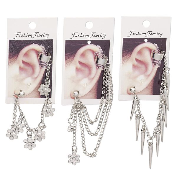 Earring mix, glass rhinestone / imitation rhodium-coated plastic / imitation rhodium-plated steel, clear, 5 inches / 4-1/4 inches / 3-1/4 inches with cuff and post. Sold per pkg of 3. image number 0