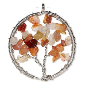 Focal, red agate (dyed / heated) and silver-plated brass, 55x52mm round with wire-wrapped tree design. Sold individually.