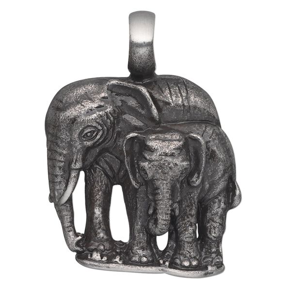 Pendant, antiqued "pewter" (zinc-based alloy), 40x31mm single-sided elephants. Sold individually. image number 0