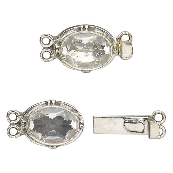 Clasp, 2-strand tab, white topaz (natural) and sterling silver, 19x13mm oval with 14x10mm faceted oval. Sold individually. image number 0
