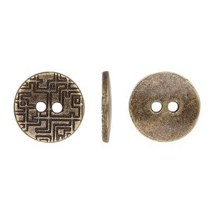 Button, antiqued brass-finished "pewter" (zinc-based alloy), 15mm single-sided flat round with geometric design. Sold per pkg of 20.