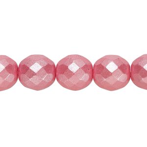 Bead, Czech fire-polished dipped décor glass, pkg/15-1/2 to 16 inches, 12mm faceted round, opaque pearlescent dusty rose, (00030-02395).