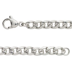 Chain, stainless steel, 5.2mm flat curb, 18 inches with lobster claw clasp. Sold individually.