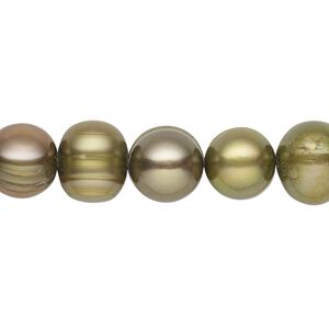 Pearl, cultured freshwater (dyed), olive green, 9-10mm semi-round with 0.4mm hole, C grade, Mohs hardness 2-1/2 to 4. Sold per 15-inch strand.