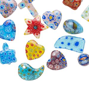Bead and component mix, millefiori glass, multicolored, 12x12mm-25x21mm mixed shapes. Sold per pkg of 25.
