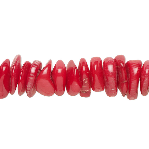 Bead, coral (dyed), red, 6x2mm-18x5mm hand-cut heishi, Mohs hardness 3-1/2 to 4. Sold per 15-1/2" to 16" strand. image number 0
