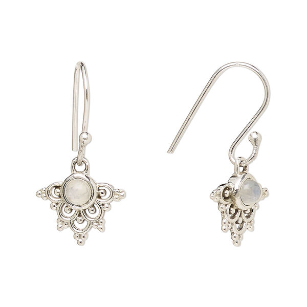 Ear wire, Create Compliments®, antiqued sterling silver and rainbow moonstone (natural), fishhook, 24.5mm with 13x11mm single-sided beaded fancy arrowhead, 21 gauge. Sold per pair. image number 0